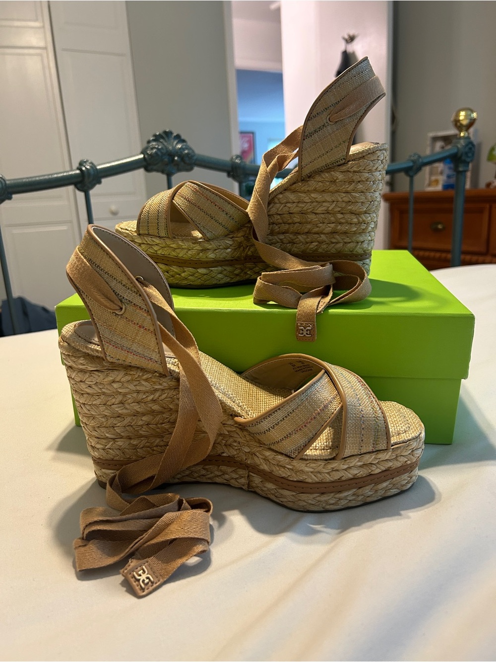 Sam Edelman Tan Woven Espadrille Platform Wedges with Ankle Wraps